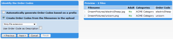 Screenshot showing the options for identifiying the ordercodes. This shows the "Create from filenames" option