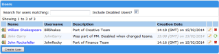 Image of user list in Systems tab, with the disabled users showing